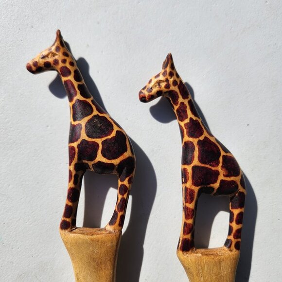 New Hand Carved Wood Giraffe Fork Spoon Serving Set Safari African Folk Art Home - Picture 1 of 10